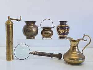 Group of Vintage Brass Items - Including Pepper Grinder &amp Magnifying Glass