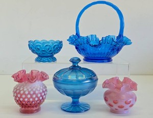Group of Vintage Mid Century Colorful Glassware - Blue &amp Pink