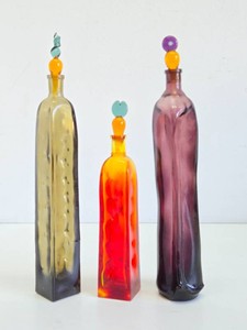 Great Looking Set of 3 Vintage Handblown Colorful Glass Bottles wStoppers