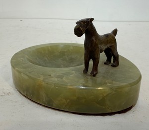 Vintage Art Deco 1930s Bronze Dog on Green Onyx Ashtray