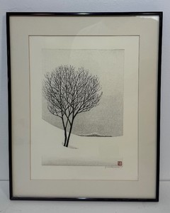 Very Nice Framed Signed Vintage Japanese woodblock Artwork - Tree in Winter