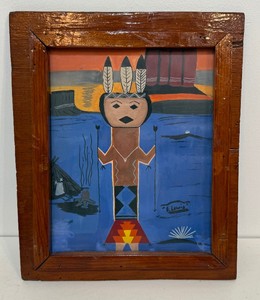 Framed Signed Vintage Native American Southwestern Folk Art Painting on Board