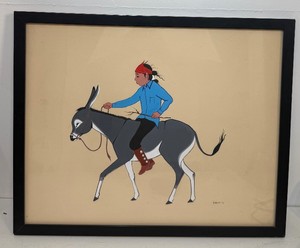 Framed Signed Oil on Artist Panel Native American Painting by Robert Becenti Jr - Young Man Riding a Donkey