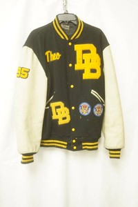 but win black lettermans jacket with white leather sleeves with yellow patches