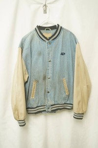 sport denim and khaki sleeved varsity bomber jacket with embroidered AGP logo size large