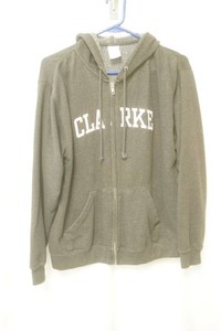 dark grey size XL zip-up hooded sweatshirt the words Clarke in pink across chest