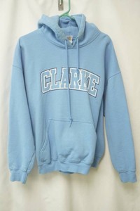 light blue pull over hoodie size large Clarke spelt in white embroidered across chest