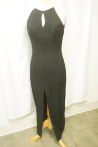 size 4 black sleeveless dress with keyhole cut out and beaded design upper back strap
