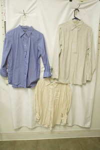 chaps size large blue and white vertical stripped button up, max studio size small khaki vertical stripped button up, size medium yellow vertical stripped button up