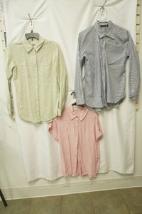 sage green size small vertical stripped  button up, apt. 9 size large withe and blue stripped button up, casacabana size small red vertical stripped short sleeve button up