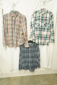 chaps large long sleeve button up shirt with yellow pink and blue plaid pattern, Sonoma size xl teal pink yellow plaid, lucky & brand size medium light and dark blue plaids