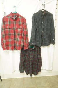 faded glory size medium red green and yellow plaid, sir Williams size large green red brown blue plaid, chaps denim size medium navy blue plaid