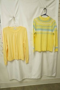 studio works size XL button down yellow cardigan, bright yellow knit pullover sweater size large
