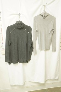white house black market size Xl light grey knit cowled neck pullover, Rafaella size XL dark grey knit mock neck sweater silver snap buttons along shoulder seam