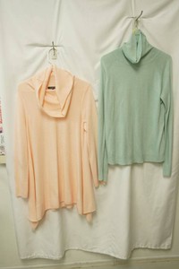 relatively size medium peach knit cowl neck sweater, Karen Scott size large light green knit turtleneck sweater cowl neck