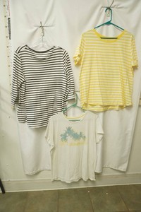 studio works size large white and black shirt old navy size xl yellow white stripped shirt Columbia size Xl white shirt with palm trees