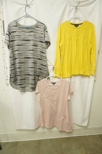 Apt. 9 gray and tan horizontally streaked short sleeve tunic top size L, Chaps yellow long sleeve womens Henley shirt size XL, Simley Vera pink short sleeve t-shirt with asymmetrical floral embroidery size L