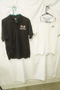 Clique black 3 button polo featuring Corvette National Museum embroidered logo size M, Tommy Hilfiger V-neck polo featuring Desser Mountain logo size L