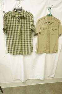 Columbia green and black plaid short sleeve button front shirt size M, vintage Khaki short sleeve military style utility shirt featuring button flap front pockets and shoulder epaulets size L ()