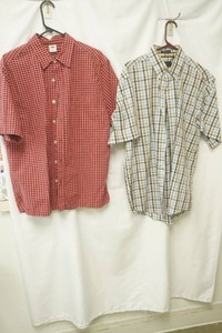 Old Navy red plaid short sleeve button front shirt Van Heusen blue and brown plaid short sleeve shirt both size M