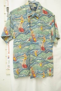 vintage Ralph Lauren Polo short sleeve Hawaiian camp shirt featuring all-over blue and green wave and surfer graphic print size L