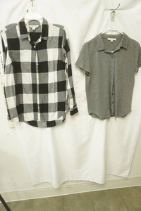 Old Navy ladies black and white buffalo plaid long sleeve button front shirt size L, Jane Delancy light gray short sleeve button front blouse size S