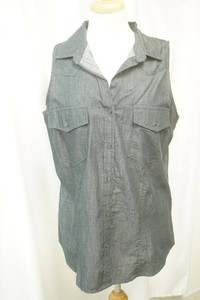 Faded Glory dark gray sleeveless denim-style button front blouse with pointed collar and 2 chest flap pockets