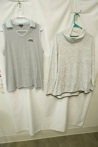 Ashworth blue with gray horizontal strip sleeveless V-neck blouse size XL, Tech Gear gray space dye cowl neck pullover sweatshirt features a relax fit and front pockets