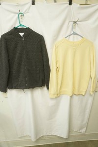Liz Clairborne charcoal gray full zip jacket featuring all over texture quilted pattern size M, Karen Scott yellow sweatshirt size L