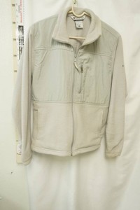 Columbia light gray full zip fleece jacket featuring tonal woven chest pocket  overlays and a high collar size L