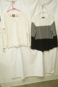 Johns New York Sport off white long sleeve V-neck top with split neckline and ribbed detailing size L, Karen Scott long sleeve color block pullover sweater featuring white top section, black and white textured middle and solid black lower size L