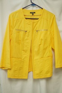 Rafaella size 14 bright yellow open front jacket silver zipper pockets round neckline