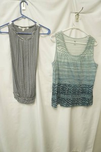 max studio size medium tank top navy blue and white stripped, studio work size large light blue teal ombre tank top lower hem print
