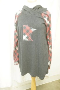 Laura halva size xl dark gray hooded tunic red and black buffalo plaid on sleeve and shape of Minnesota