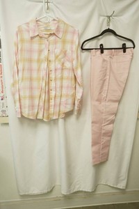 Arizona  jeans co. size medium pink and beige plaid long sleeve button up shirt paired with light pink trousers