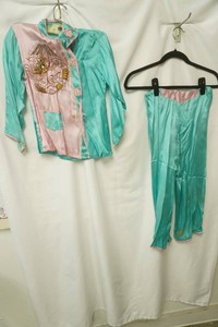 vintage turquoise and pink pajama set with flower and dragon details