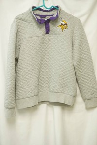NFL size large grey Minnesota Vikings 14 zip pullover with purple snap buttons team logo on chest