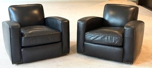 Restoration Hardware Leather Swivel Library or Lounge Chair Black Leather Brass Studs