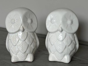 West End Ceramic Owl Figurines - White Glazed Matching Pair