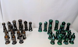 Vintage Duncan Ceramics Glossy Green and Brown Glaze Chess Pieces- Missing 1 Brown Glazed Pawn