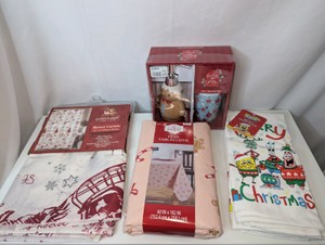 NIB Christmas Home Kitchen & Bath Decor Lot #1- Holly & Jolly 2-piece ceramic bathroom set, Shower Curtain, SpongeBob SquarePants 2-piece kitchen dish towel set, Table cloth