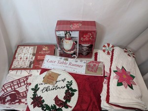 NIB Christmas Home Kitchen & Bath Decor Lot #2- Table Runner, Shower Curtain, Trivet, 2 Kitchen Towel Sets, Santa Ceramic 2 Piece Bathroom Set