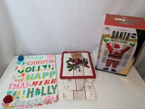 NIB Christmas Home Kitchen & Bath Decor Lot #4- 42-inch high climbing Santa Claus hanging decoration, 3 piece kitchen set, table runner
