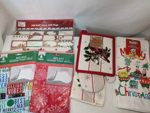 NIB Christmas Home Kitchen & Bath Decor Lot #5- Gift Tags, 2 Bike Wraps, SpongeBob SquarePants 2-piece kitchen towel set, 3- piece Kitchen Set