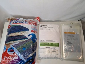 NIB home organization lot- 6 pack Spacesaver Premium Vacuum Storage Bags, Room Essentials Zippered Mattress Protector Queen Size, Made By Design PEVA Shower Liner