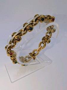 Vintage Signed Swarovski Crystal & Multi-Color Cabochon Gold Plated Link Bracelet, Size 7