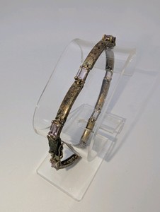 Vintage 925 sterling silver link bracelet, rectangular purple stones, size 8, heavy tarnish