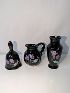 Vintage three-piece black ceramic decorative set, made in Taiwan