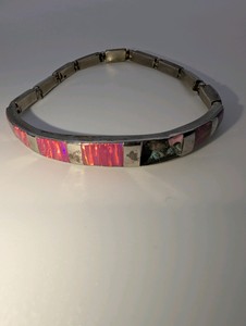 925 Sterling Silver Link Bracelet, Synthetic Fire Opal, Missing one Opal, Size 8