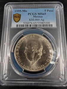 1955-Mo Mexico 5 Peso PCGS MS65 KM-469 Ag